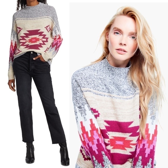 NWT NIC + ZOE Aztec Southwestern Striped Knit Mock Turtleneck Pullover Sweater M - Picture 1 of 13